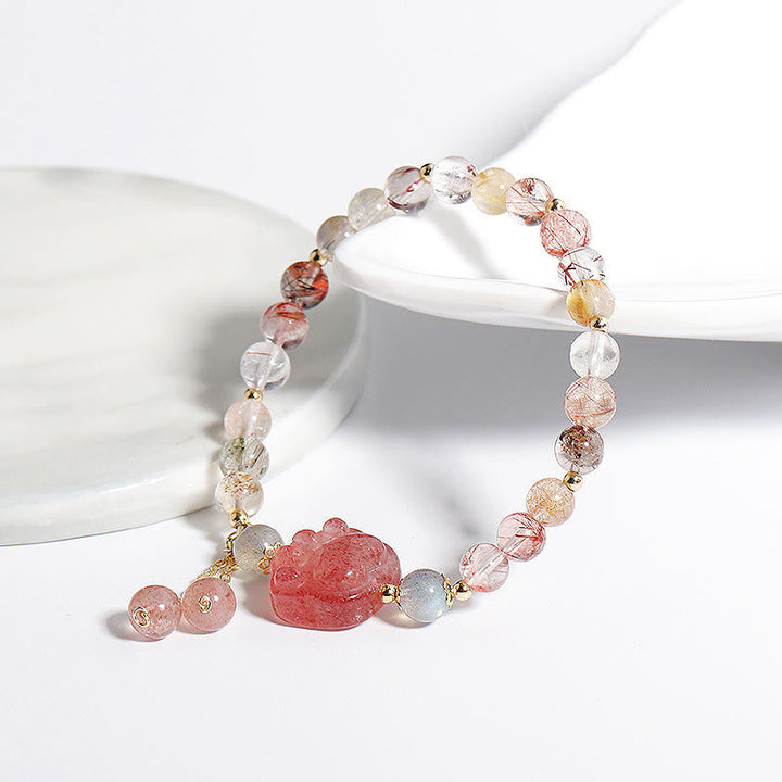 Armband Erdbeerquarz Mondstein Mond mit rosa Kristallperlen elegant.