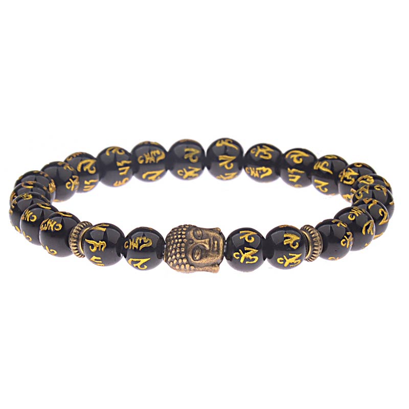 Schwarzes Armband Tibet Buddha Mantra Amulet mit goldenen Schriftzeichen Flachansicht