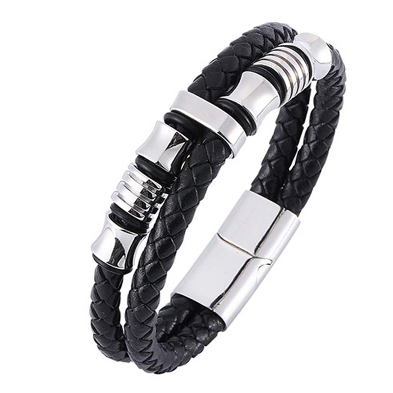 Schwarzes Leder Armband Weave mit silbernen Verschluss Herrenschmuck