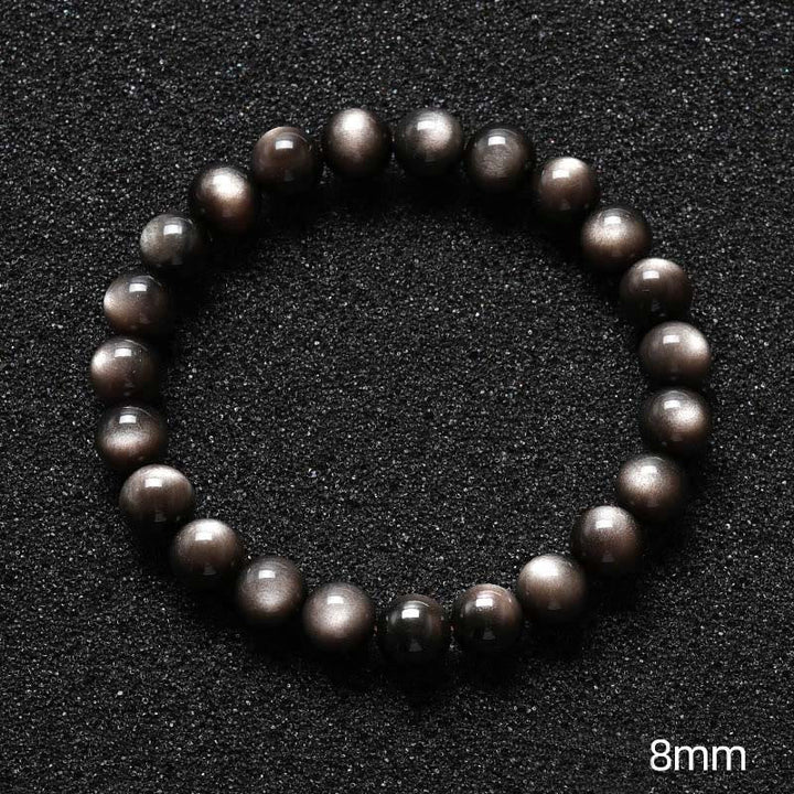 Obsidian Armband Silber – Schutz schwarze Perlen Flachaufnahme Nahaufnahme glänzend