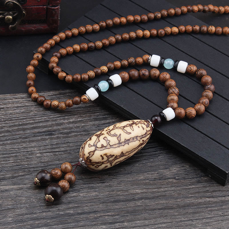 Anhänger Kette Tibetischer Bodhi Achat Harmonie Holzperlen