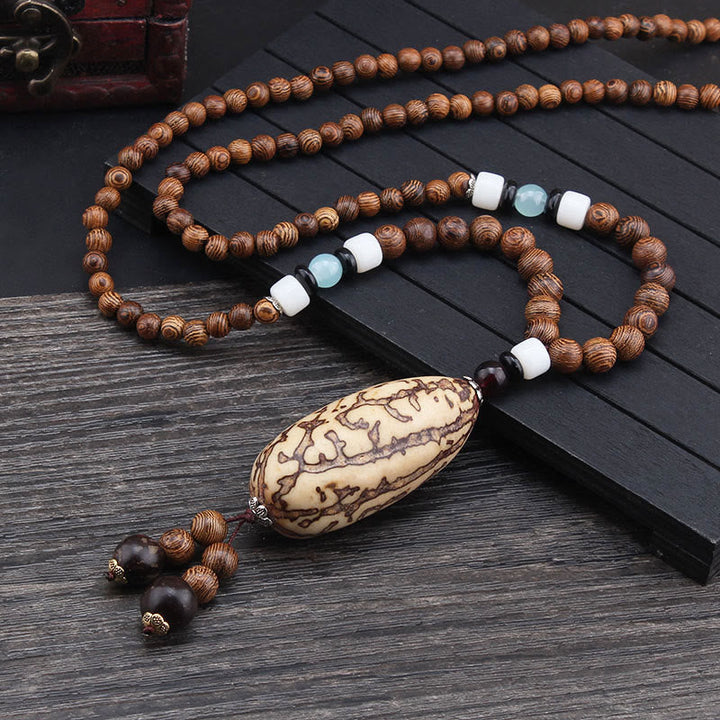 Anhänger Kette Tibetischer Bodhi Achat Harmonie Holzperlen