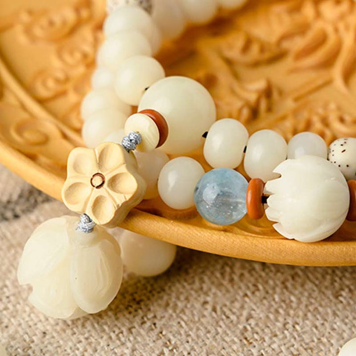 Armband Weiße Jade Bodhi Lotus – Segen mit Perlen Holzschale