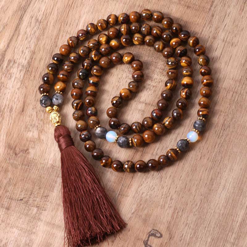 Kette Tigerauge Buddha – Stärke & Kraft – Bild 2 – Kette Tigerauge Buddha Stärke Kraft Mala Perlen Quaste Holz