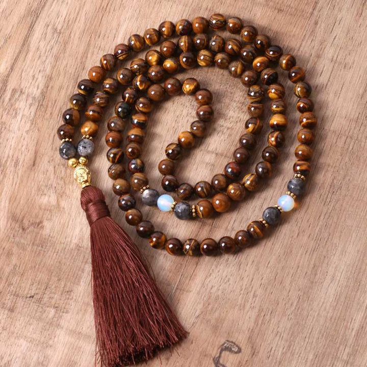 Kette Tigerauge Buddha – Stärke & Kraft – Bild 2 – Kette Tigerauge Buddha Stärke Kraft Mala Perlen Quaste Holz