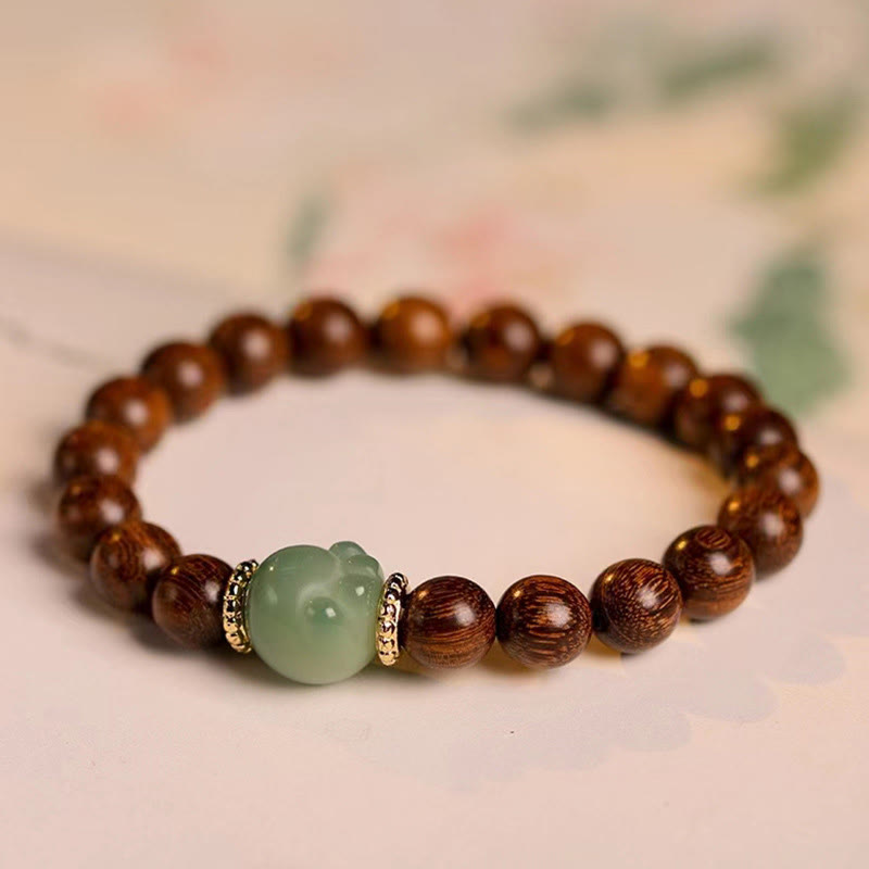 Armband Sandelholz grüner Jade Stein elastisch Naturperlen braun