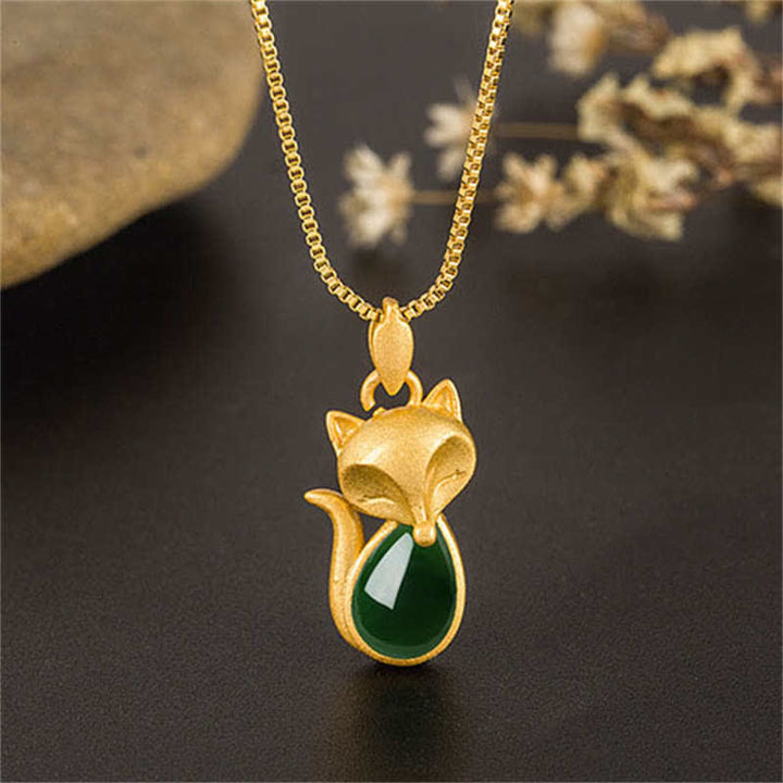 Kette grüner Chalcedon Fuchs Edelstein Mut goldfarben