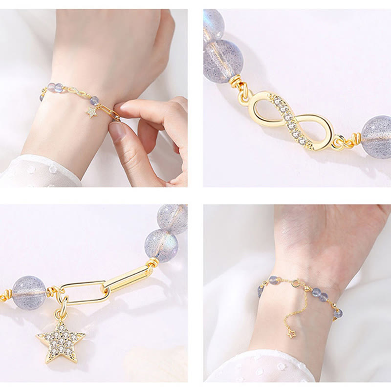 Armband Erdbeerquarz Mondstein Mond – Liebe Balance goldfarben elegant getragen