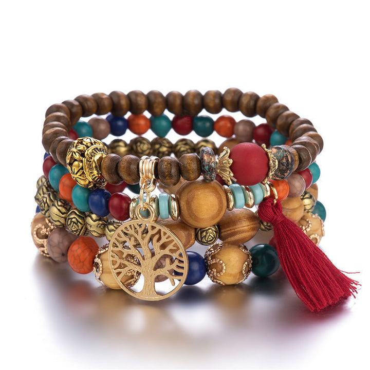 Holz Armband – Heilung mit bunten Steinen und goldenem Baum Anhänger