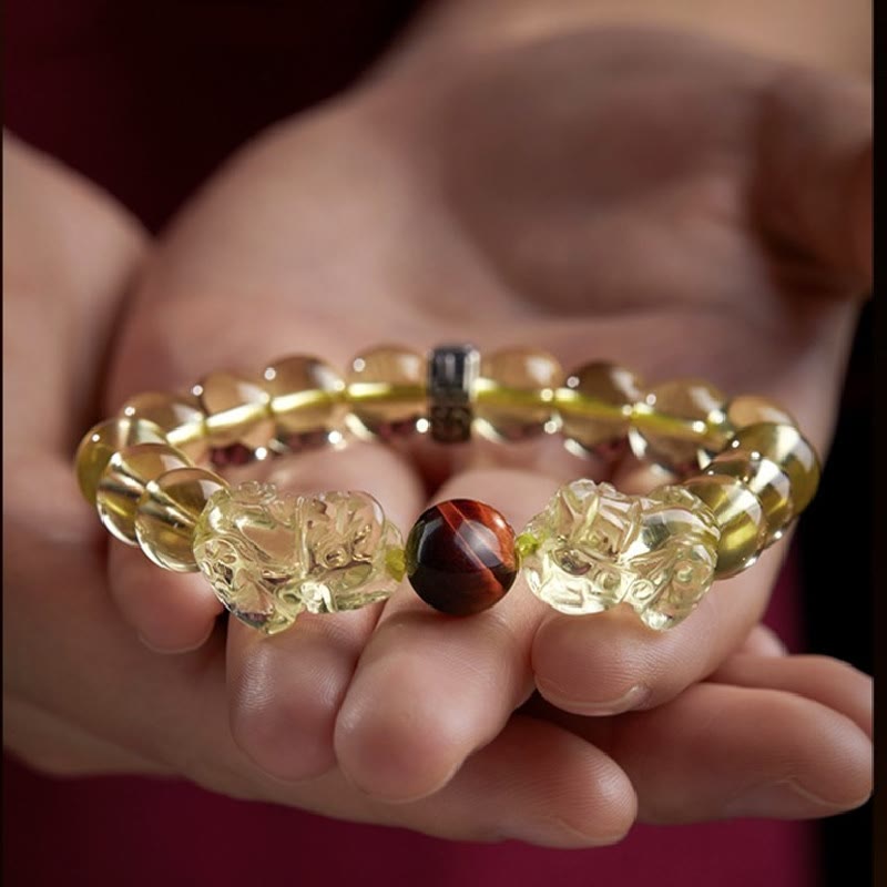 Armband Tigerauge Citrin Pixiu mit goldenem Glanz und Schutzstein eleganz