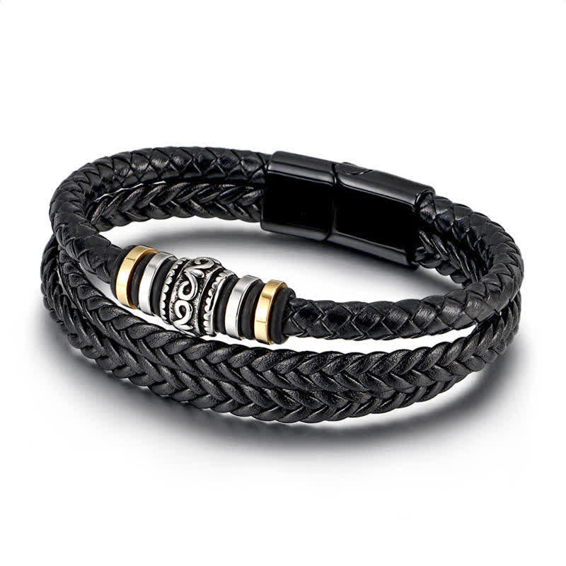 Schwarzes geflochtenes Lederarmband mit metallischen Akzenten Balance.