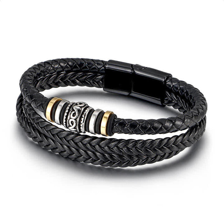 Schwarzes geflochtenes Lederarmband mit metallischen Akzenten Balance.