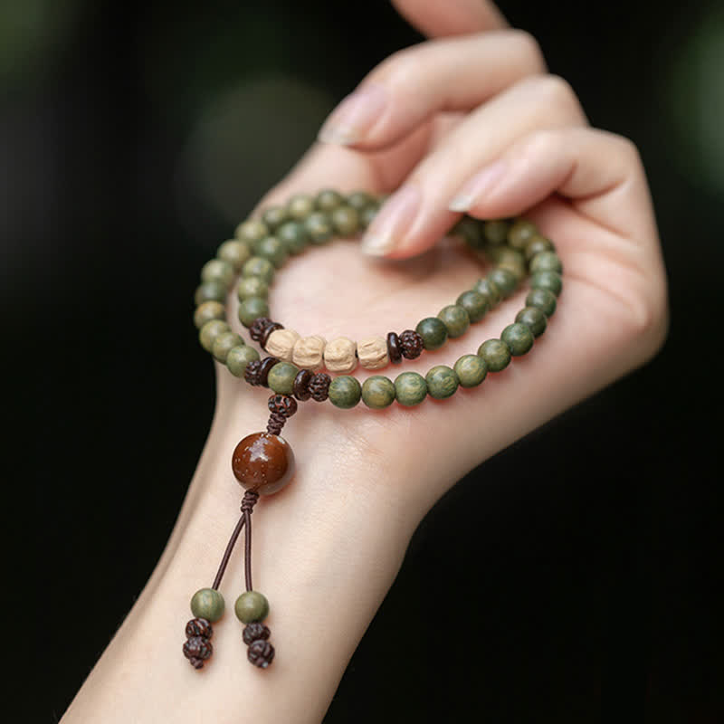 Armband Sandelholz Frieden grüne Perlen Naturstein elastisch Handgelenk