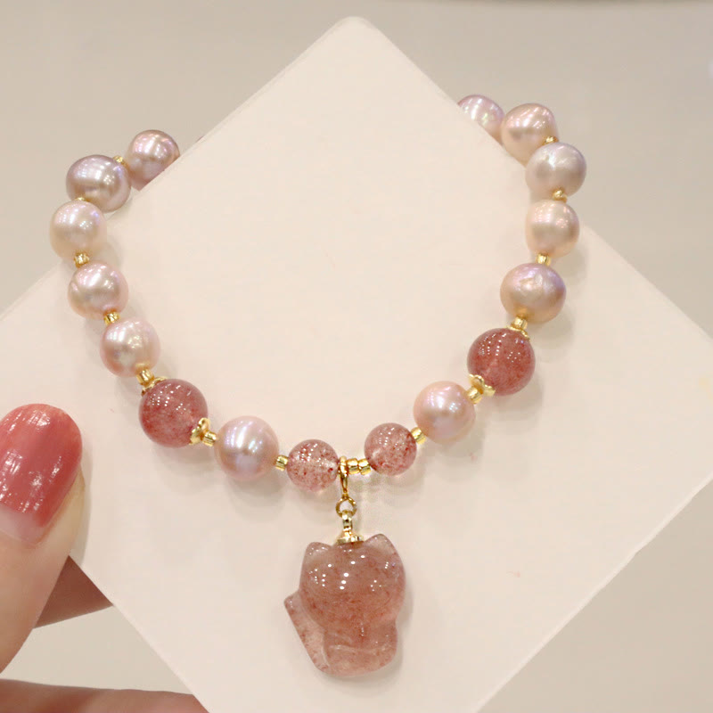 Armband Erdbeerquarz Perle Fuchs elastisch rosa Perlen Naturstein Heilung
