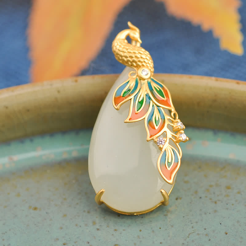 Pfau Jade Anhänger Kette Schutz Harmonie