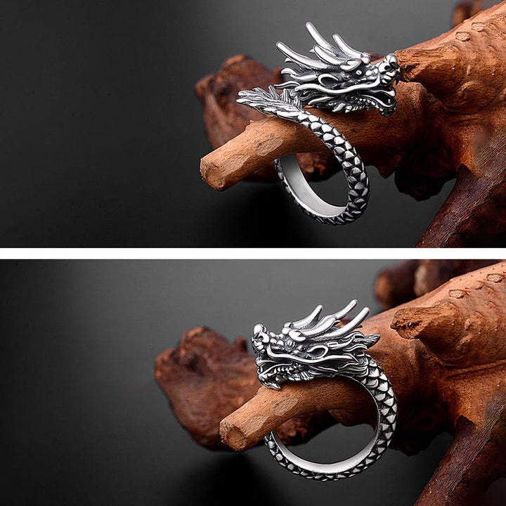 Ring 999 Silber Drachen auf Holz Glück Schutz Stärke