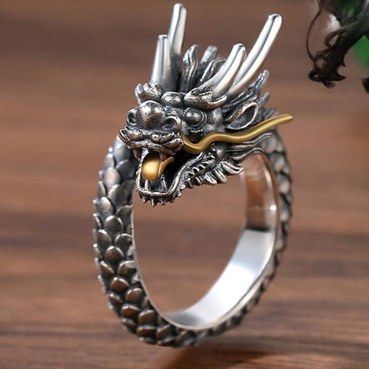 Ring 925 Silber Drachen Schutz Stärke Symbol goldenem Akzent