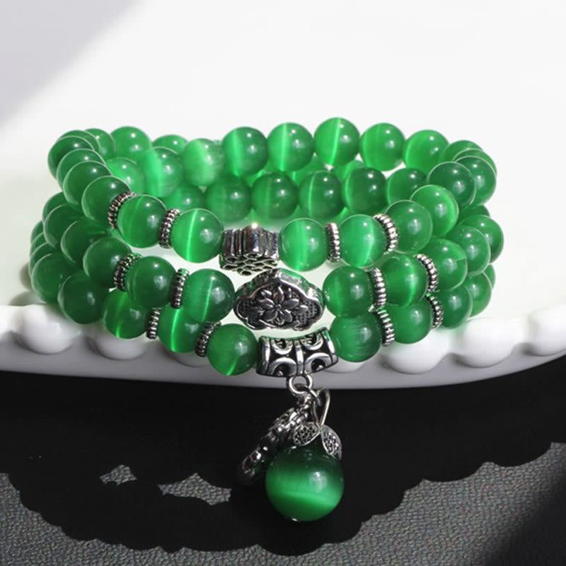 Grünes Katzenauge Armband PiXiu Dreifach mit Silberverzierungen elegant.