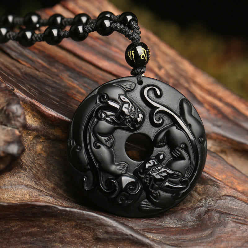 Kette schwarzer Obsidian Pixiu Anhänger Holz Natur