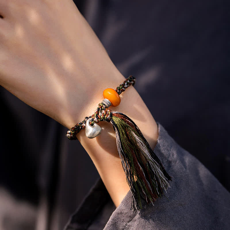 Armband 925 Silber – Schutz mit orangem Stein und Quaste elastisch
