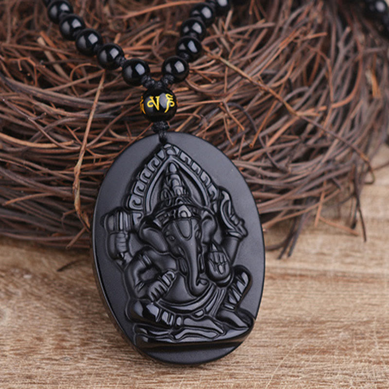 Kette Obsidian Ganesha Anhänger schwarzer Stein Wohlstand Segen Naturstein