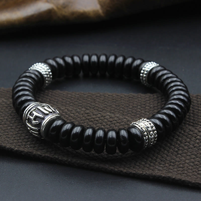 Schwarzes Obsidian Armband Om Mani Padme Hum Energie Perlen Silber.