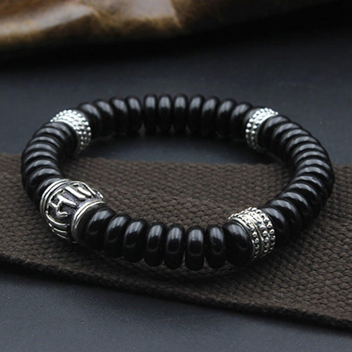 Schwarzes Obsidian Armband Om Mani Padme Hum Energie Perlen Silber.