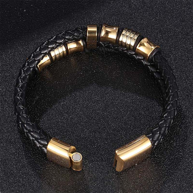 Schwarzes Leder Weave Armband mit goldenen Verschlüssen Flachaufnahme