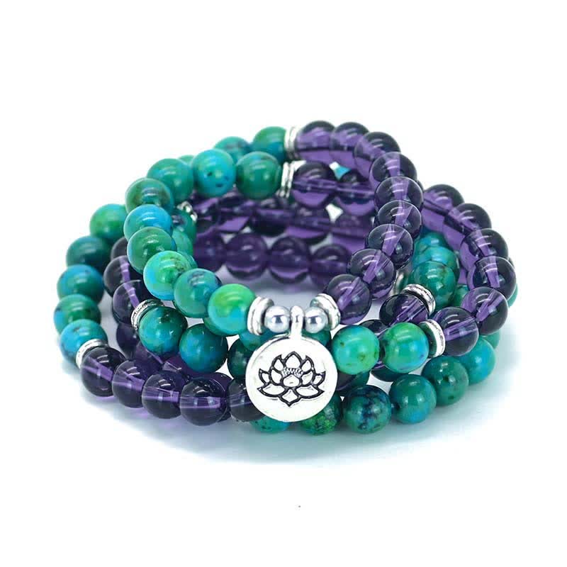 Armband Grüner Aventurin Amethyst Lotus Energie Naturstein elastisch.