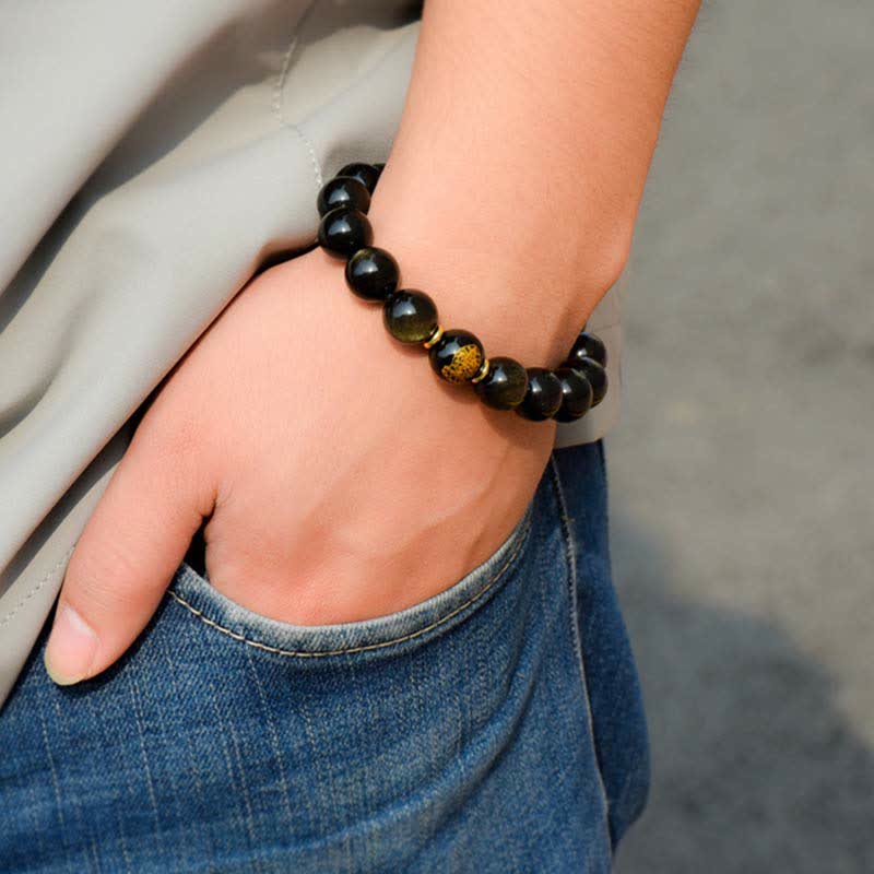 Obsidian Armband Chinesisches Tierkreis am Handgelenk schwarze Perlen Schutz