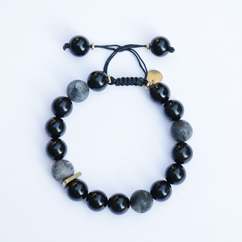 Armband Schwarzer Obsidian mit grauem Labradorit und goldenen Akzenten