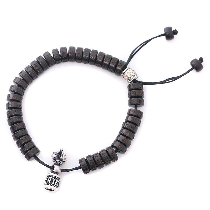 Armband Om Mani Padme Hum mit Obsidian Perlen und Silber Anhänger elastisch