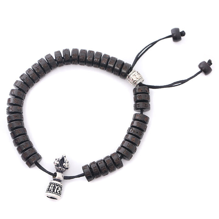 Armband Om Mani Padme Hum mit Obsidian Perlen und Silber Anhänger elastisch