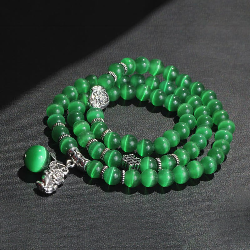 Grünes Katzenauge Armband PiXiu Dreifach Perlen Silber elegant