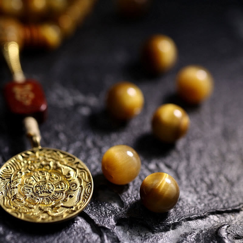 Mala Tigerauge Kupfer – Schutz goldene Perlen Meditation Armband