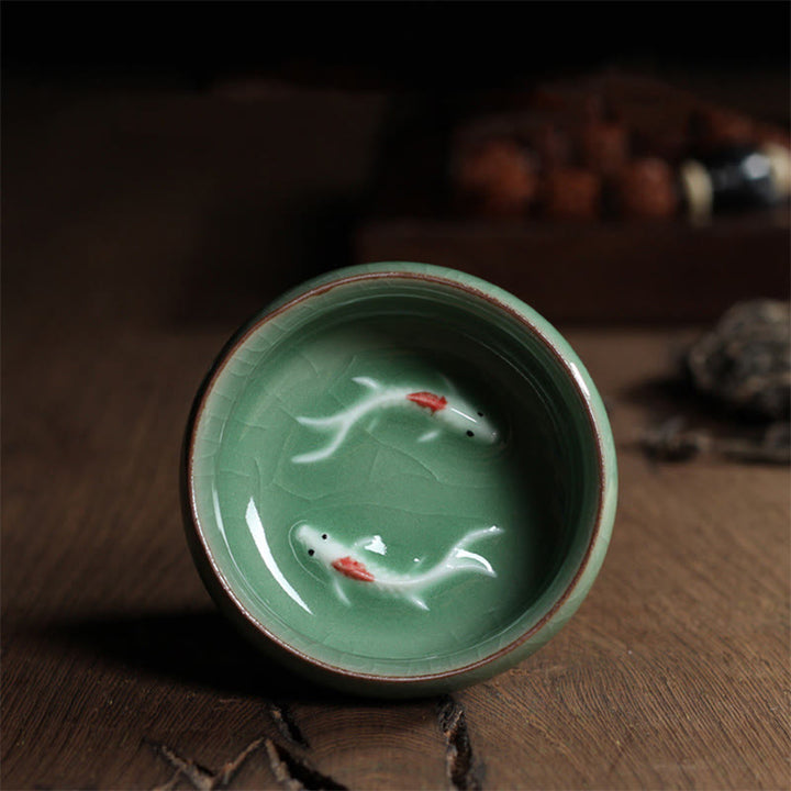 Chinesische Teetassen Koi Keramik Dunkelgrüner Koi