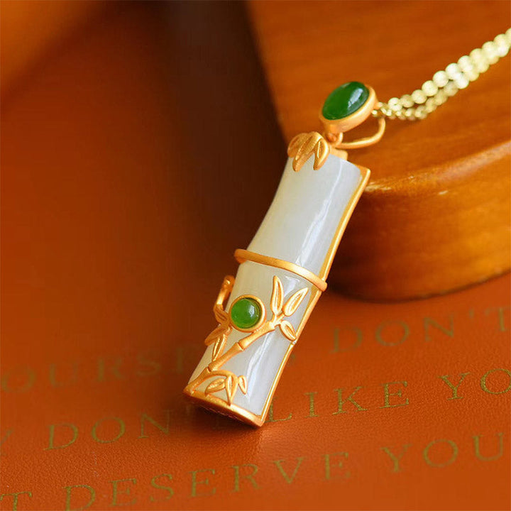 Kette Jade Bambus Heilstein – Schutz & Energie – Bild 3 – Kette Jade Bambus Heilstein Anhänger Gold grüner Naturstein Schutz