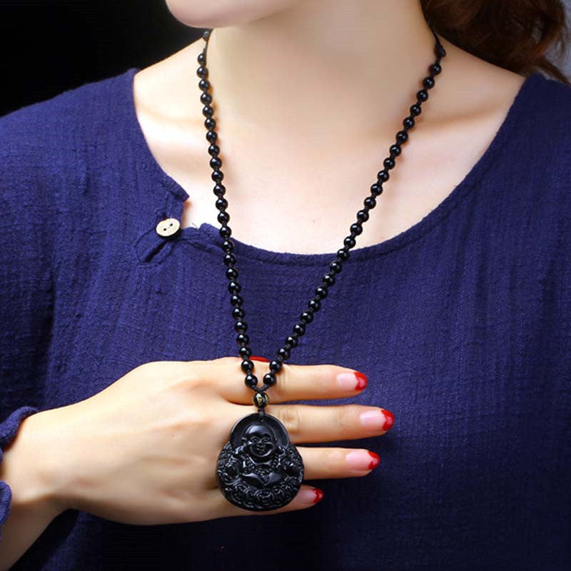 Obsidian Anhänger Lachender Buddha Kette schwarzer Naturstein Wohlstand