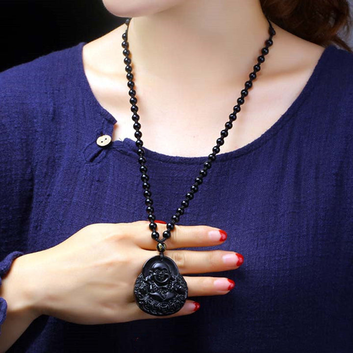 Obsidian Anhänger Lachender Buddha Kette schwarzer Naturstein Wohlstand