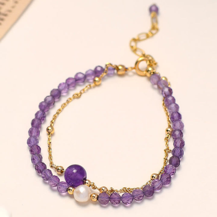 Amethyst Kristall Armband mit Gold lila Perlen Schmuck elegant.