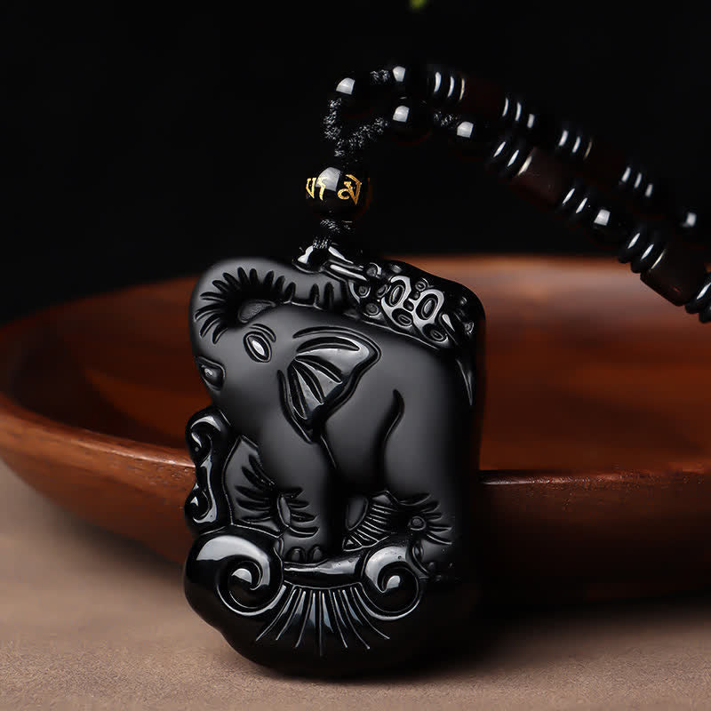 Obsidian Elefant Heilstein – Schutz & Reinigung – Echter Naturstein – Obsidian Elefant Heilstein Anhänger schwarzer Naturstein Schutzamulett Kette