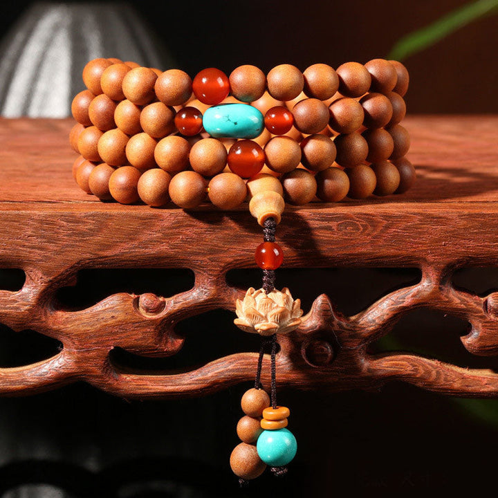 Armband Sandelholz Lotus mit Türkis Perlen Naturstein elastisch