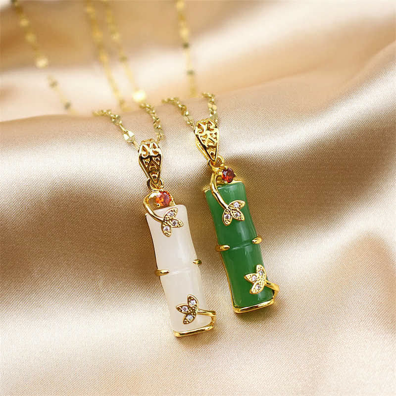 Anhänger Jade Bambus Schutz Glück grün weiß Gold Kette