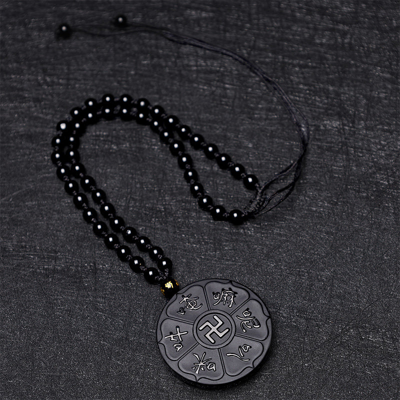 Schwarze Obsidian Kette mit Om Mani Padme Hum Anhänger Glück