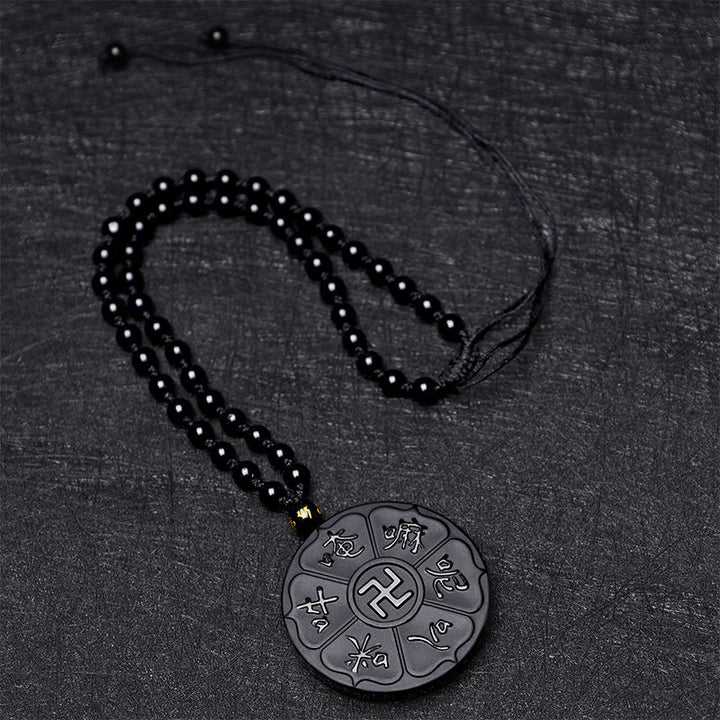 Schwarze Obsidian Kette mit Om Mani Padme Hum Anhänger Glück