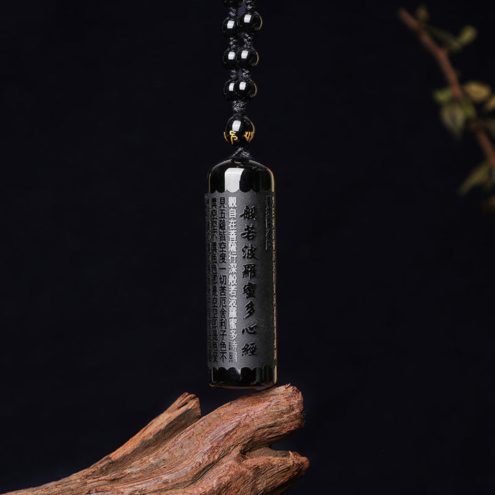 Obsidian Anhänger Kette Herzsutra schwarz Naturstein Gravur