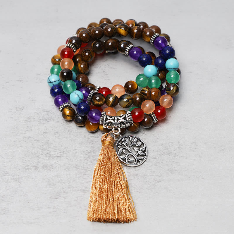 Mala 108 Perlen Kristall Heilung bunte Steine Quaste Flachaufnahme Schmuck