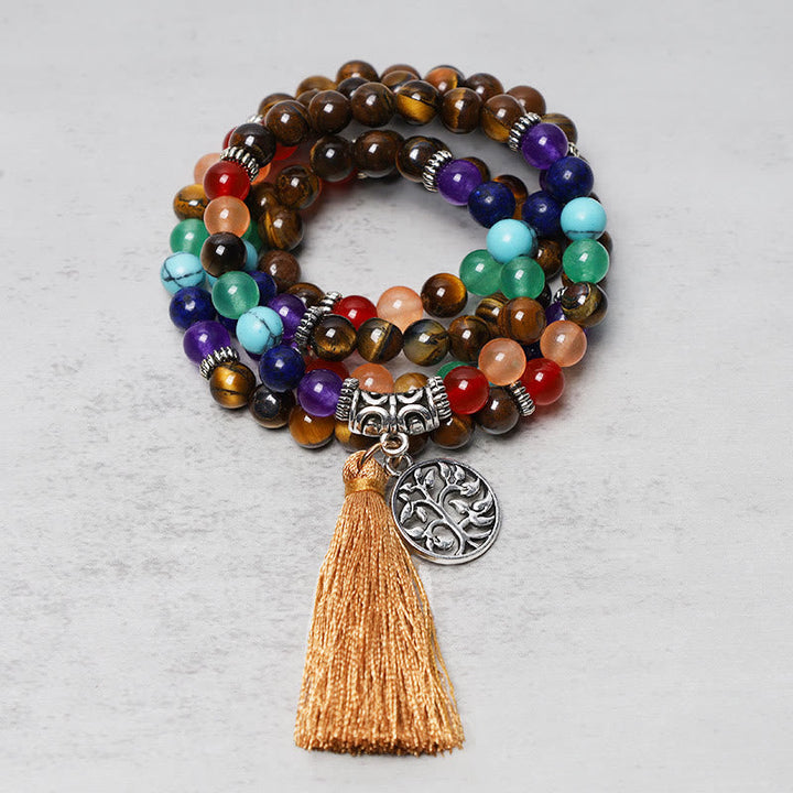 Mala 108 Perlen Kristall Heilung bunte Steine Quaste Flachaufnahme Schmuck