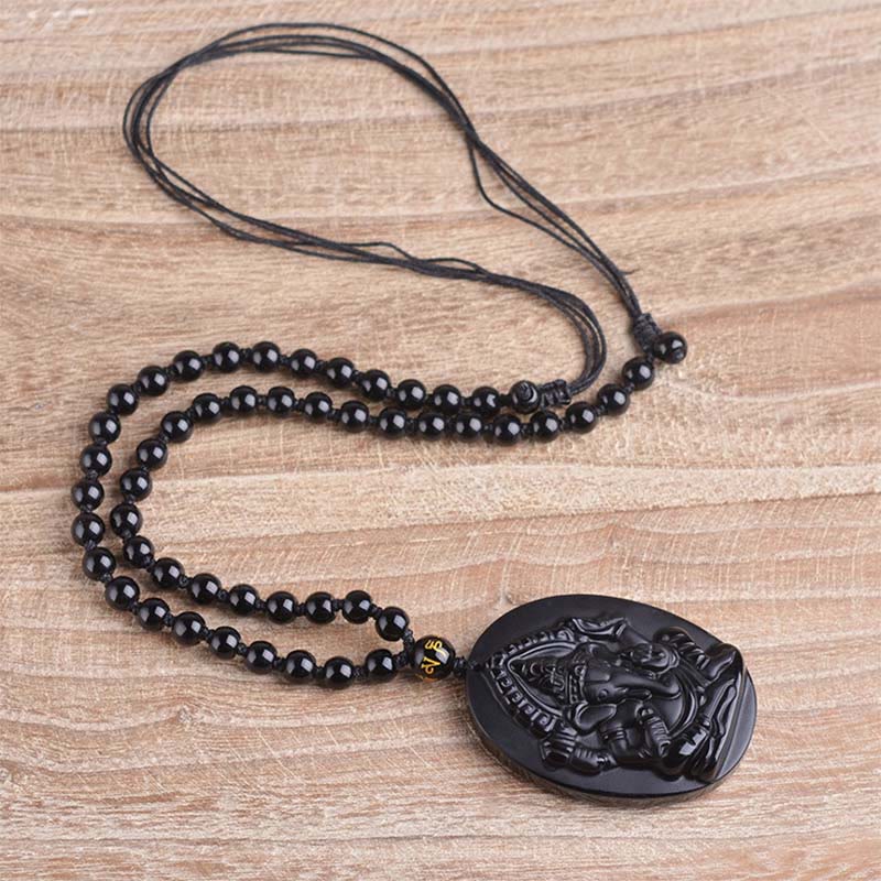 Kette Obsidian Ganesha schwarzer Stein Anhänger Wohlstand Segen