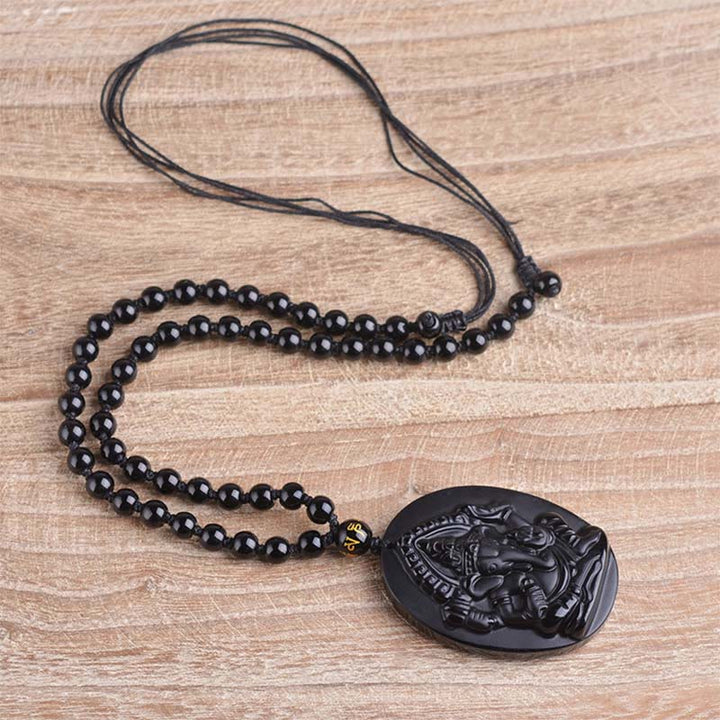 Kette Obsidian Ganesha schwarzer Stein Anhänger Wohlstand Segen
